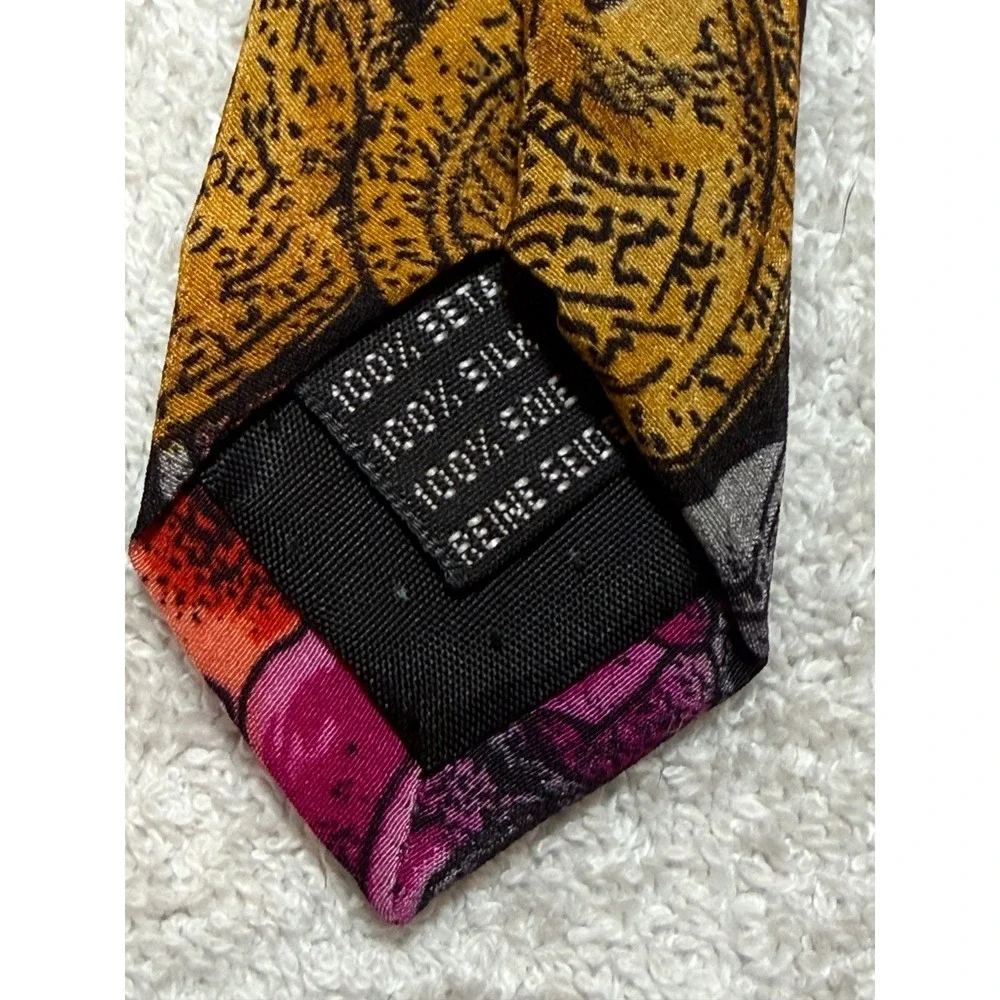 Enrico Nitti Mens Silk Tie Italy Gold Coins Floral Red Magenta Black Necktie